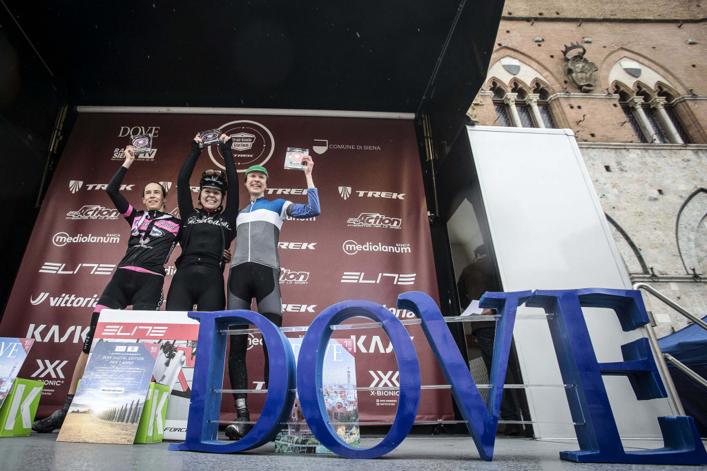 click to enlarge Il podio femminile della Gran Fondo Strade Bianche - Trek