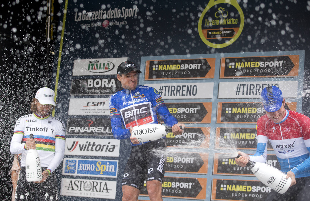 Il podio finale con Sagan, Van Avermaet e Jungels
